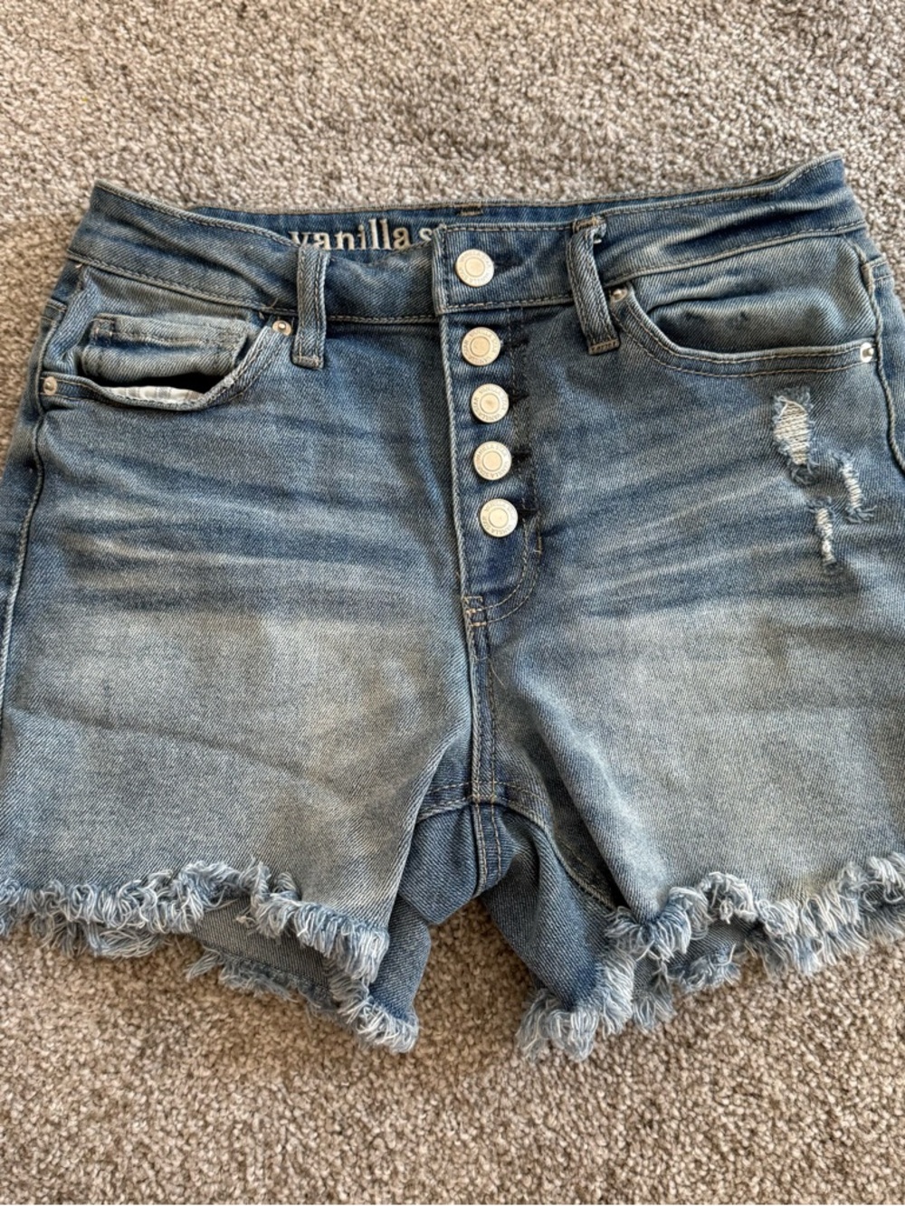 Vanilla Star Distressed Button-Front Denim Shorts in Light Blue 5